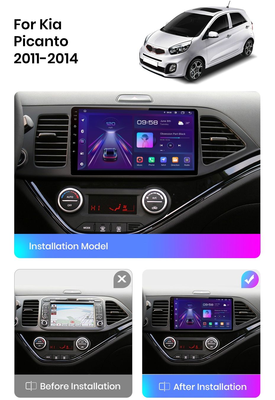 Rádio Kia Picanto 2011-17 com Carplay e android auto 2/32GB Wi-Fi GPS