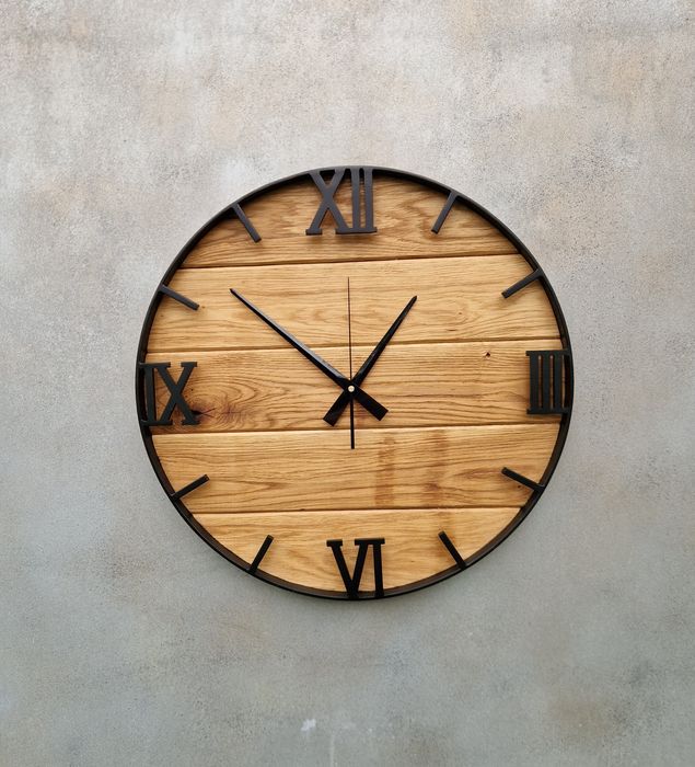 Zegar ścienny loft Dębowy 50cm stalowy drewniany rękodzieło salon duży