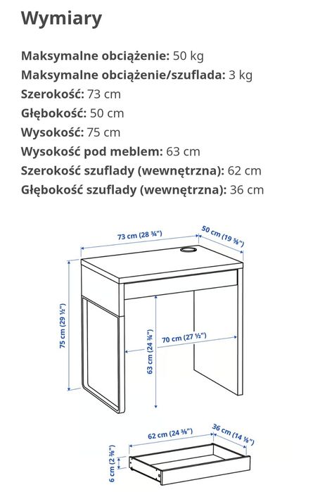 Biurko Micke 73x50 plus krzesło gratis