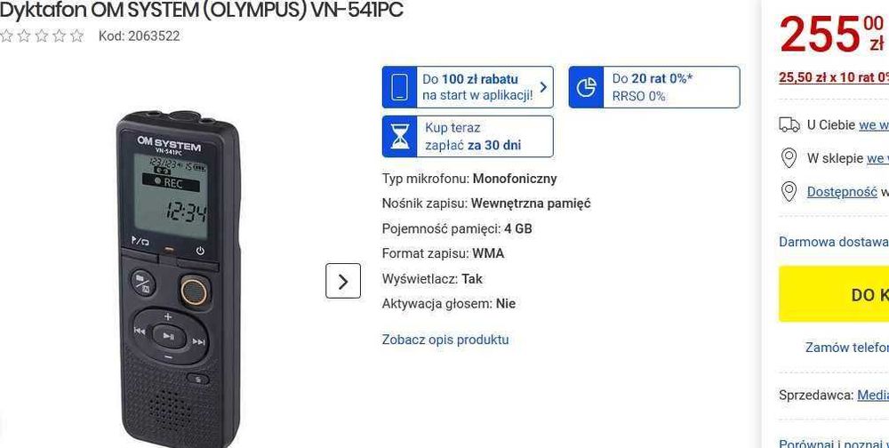 Dyktafon Olympus VN-541PC, Niezawodny, Prosty i Wygodny.