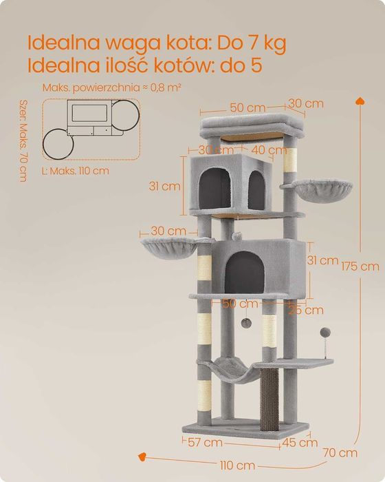 Drapak dla kota XL 175cm jasno szary