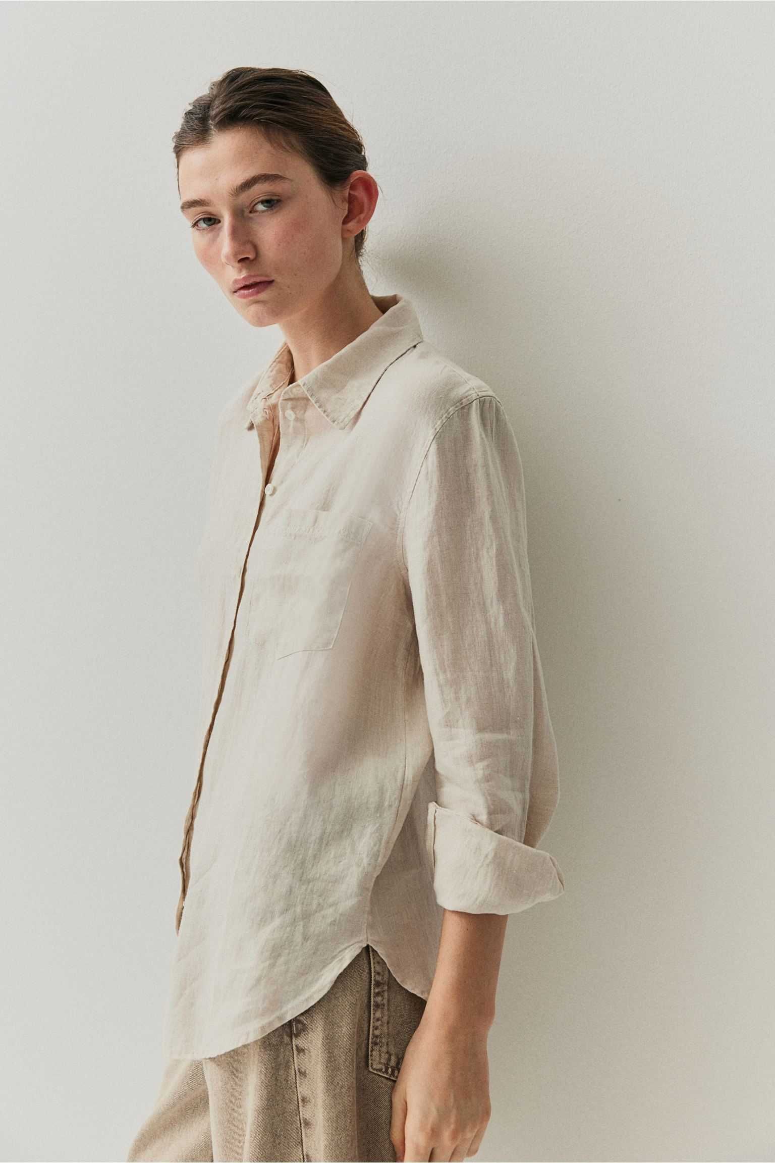 H&M Lniana koszula bluzka XS beżowy nowa kolekcja