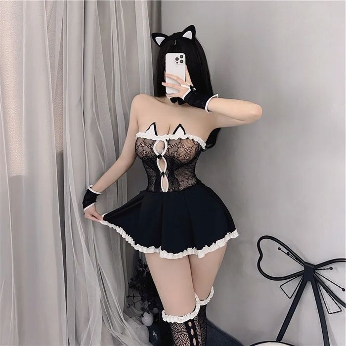 Sexy bielizna damska strój kota kocica pokojówka kostium kot M ZESTAW