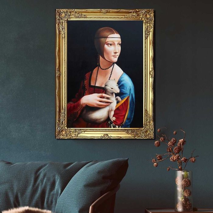 Obraz malowany L. DA VINCI DAMA Z GRONOSTAJEM z łasiczką rama złota