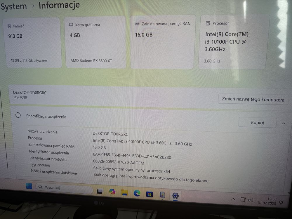 Komputer RX6500XT, RAM 16GB, i3-10100F 3.6GHz