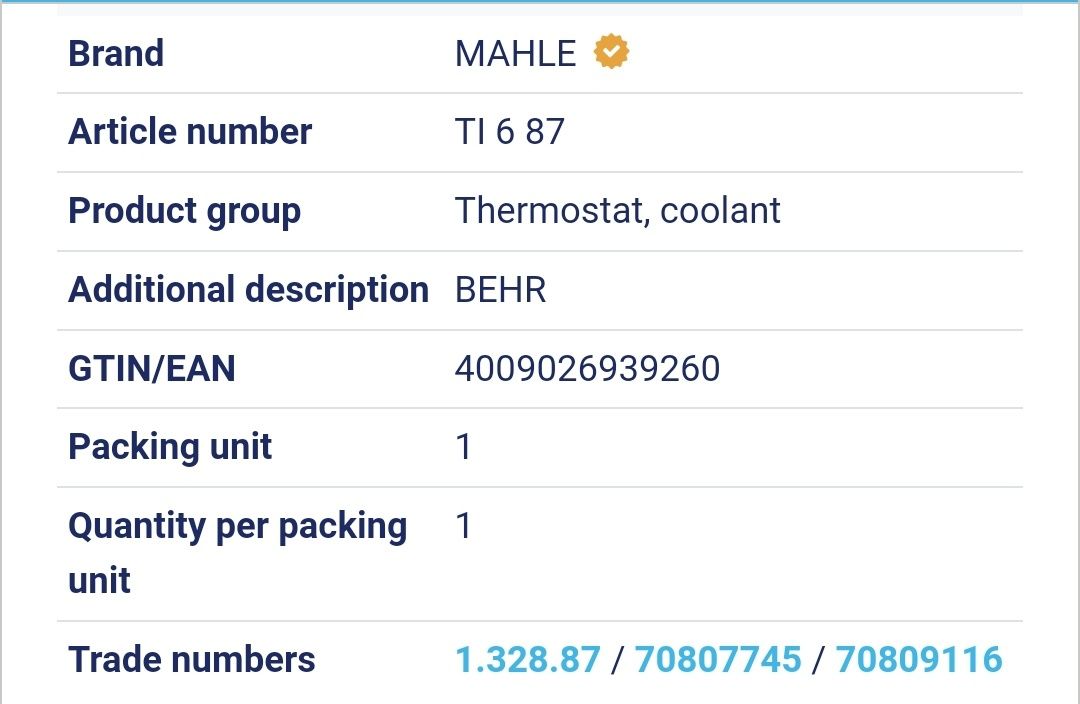 Термостат MAHLE VW, Skoda, Audi, Seat