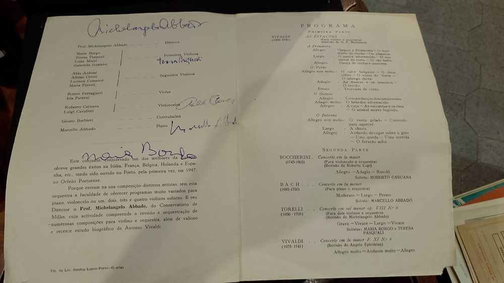 Programa Orquestra de Câmara de Milão Autografado 1955