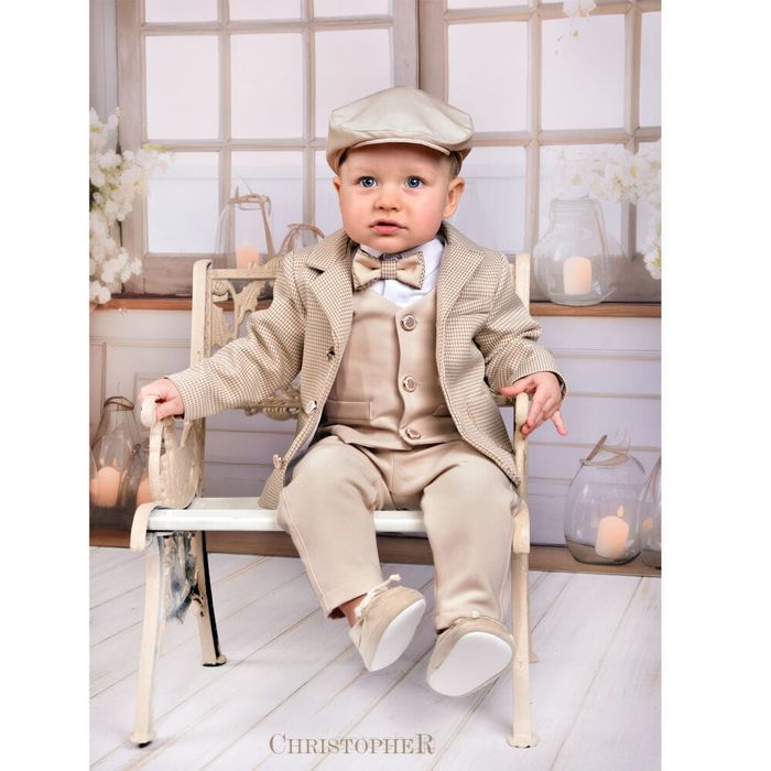 Garnitur chłopięcy z koszulo-body Beżowy w pepitkę z kamizelką
