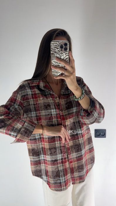 Сорочка картата в клітинку жіноча байка каміння стрази
