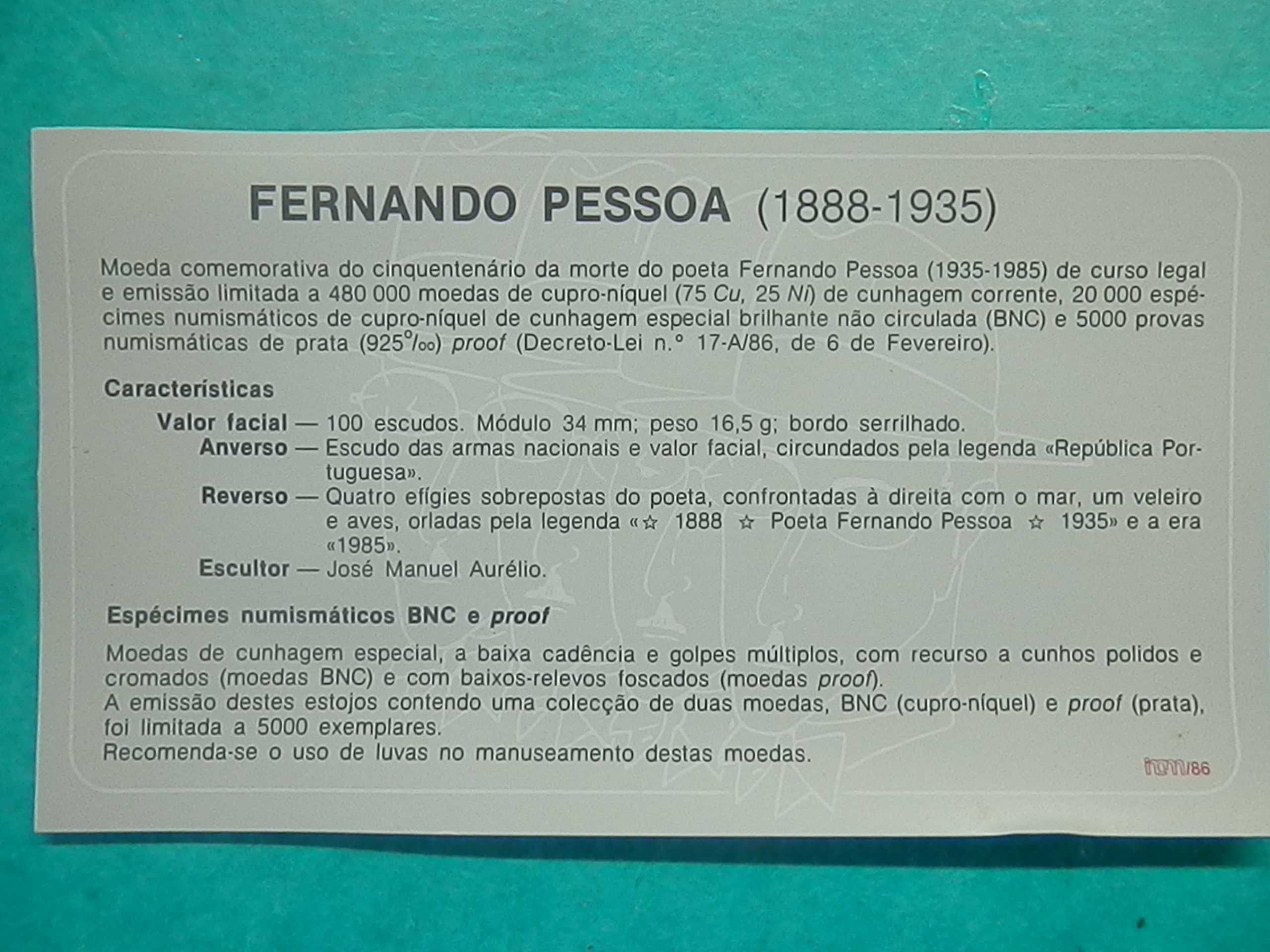 1333 - PROOF: 2X100$00 1985 Fernando Pessoa, por 70,00