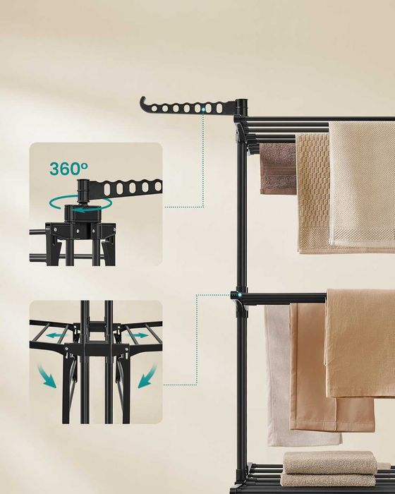 Suszarka na pranie 4 poziomy, składane skrzydła 63,5x128x173 cm czarna