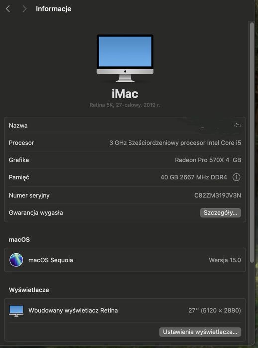Apple Imac 27 cali 5K 1TB 40 GB ram 2019 ALLinOne macbook