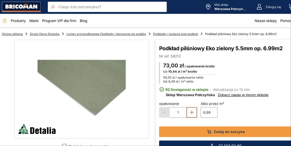 4,19 m2. podkład pilśniowy gr 5,5mm