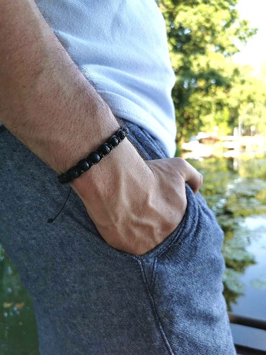 Bransoletka męska czarna kamienie naturalne lawa różaniec dziesiątka