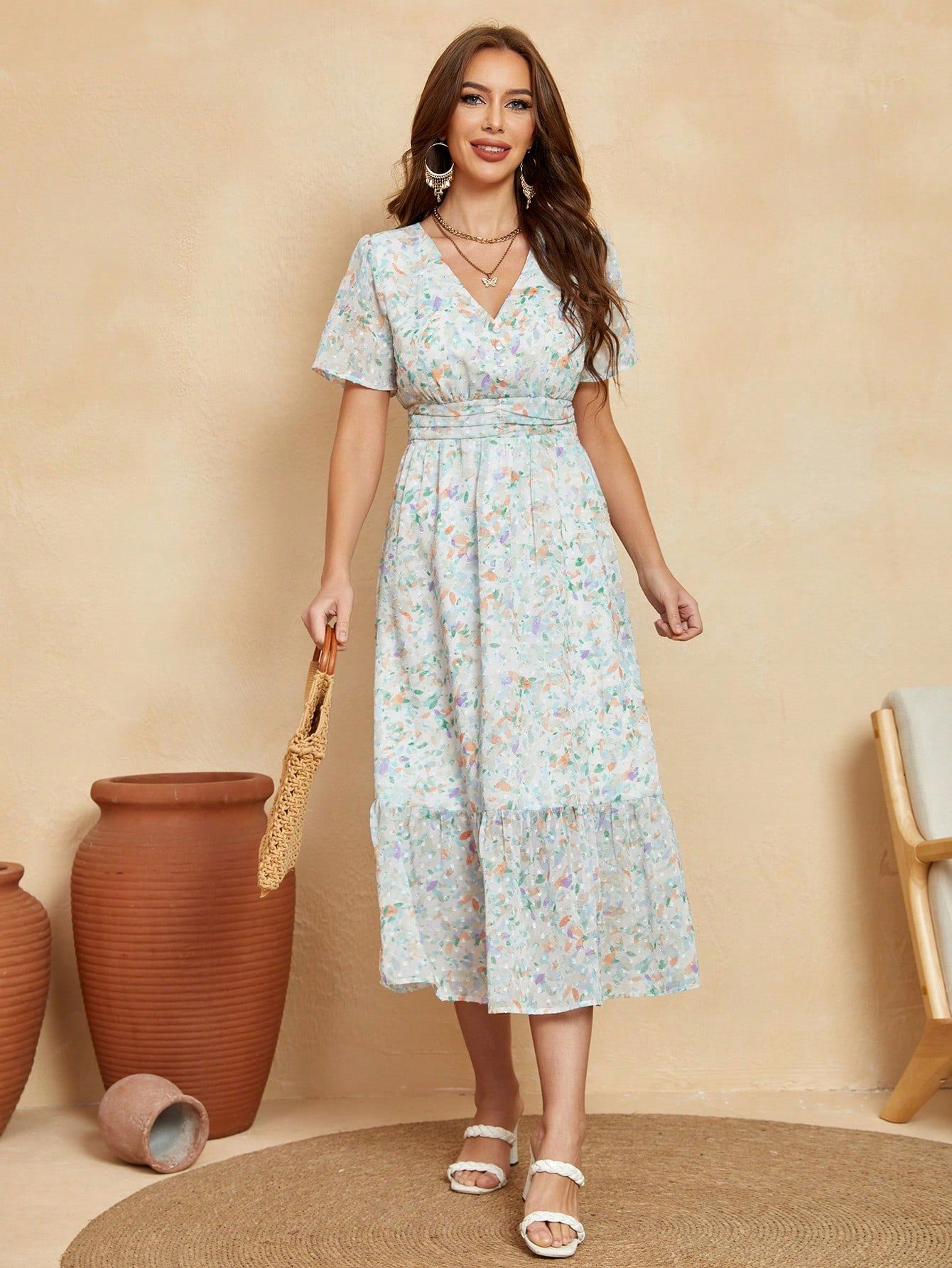 Sukienka Letnia Boho Wzorzysta Rozklsozowana Plumeti Midi Anany L 40