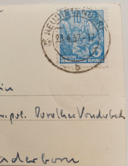 Stara pocztówka Neudietendorf 1957r. Obieg,  znaczek.