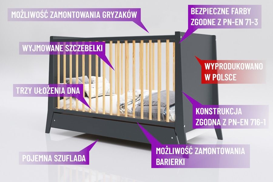 Regulowane Łóżeczko Cosmo 60x120cm z szufladą
