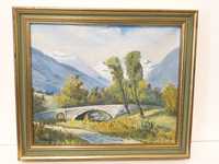 Pintura em óleo sobre tela - Paisagem montanhosa com ponte sobre rio