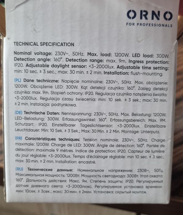 2 szt Czujnik ruchu, włącznik pir OR-CR-205 160 st. IP20 1200W do pusz