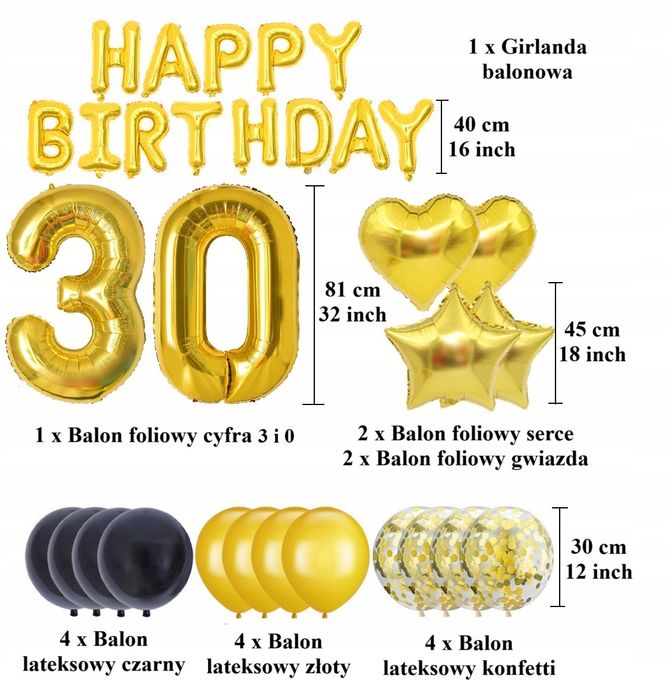 Oro Party Złoty zestaw XL balonowych dekoracji urodzinowych na 30