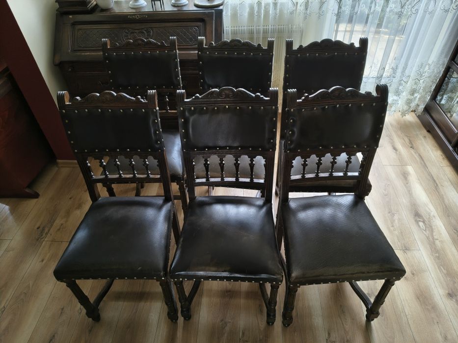 Krzesła drewniane skórzane eklektyczne sprężynowe henrykowskie antyk