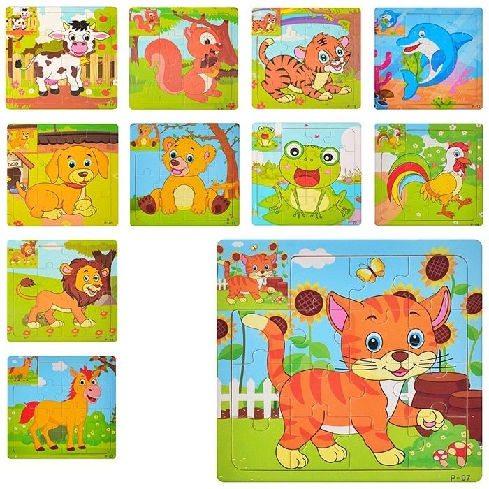 Дерев'яні пазли транспорт тварини,15дет,15х15см,деревянные пазлы