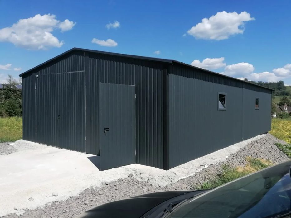 Hala stalowa 6x10 m - Dach dwuspadowy, Brama dwuskrzydłowa, Grafit