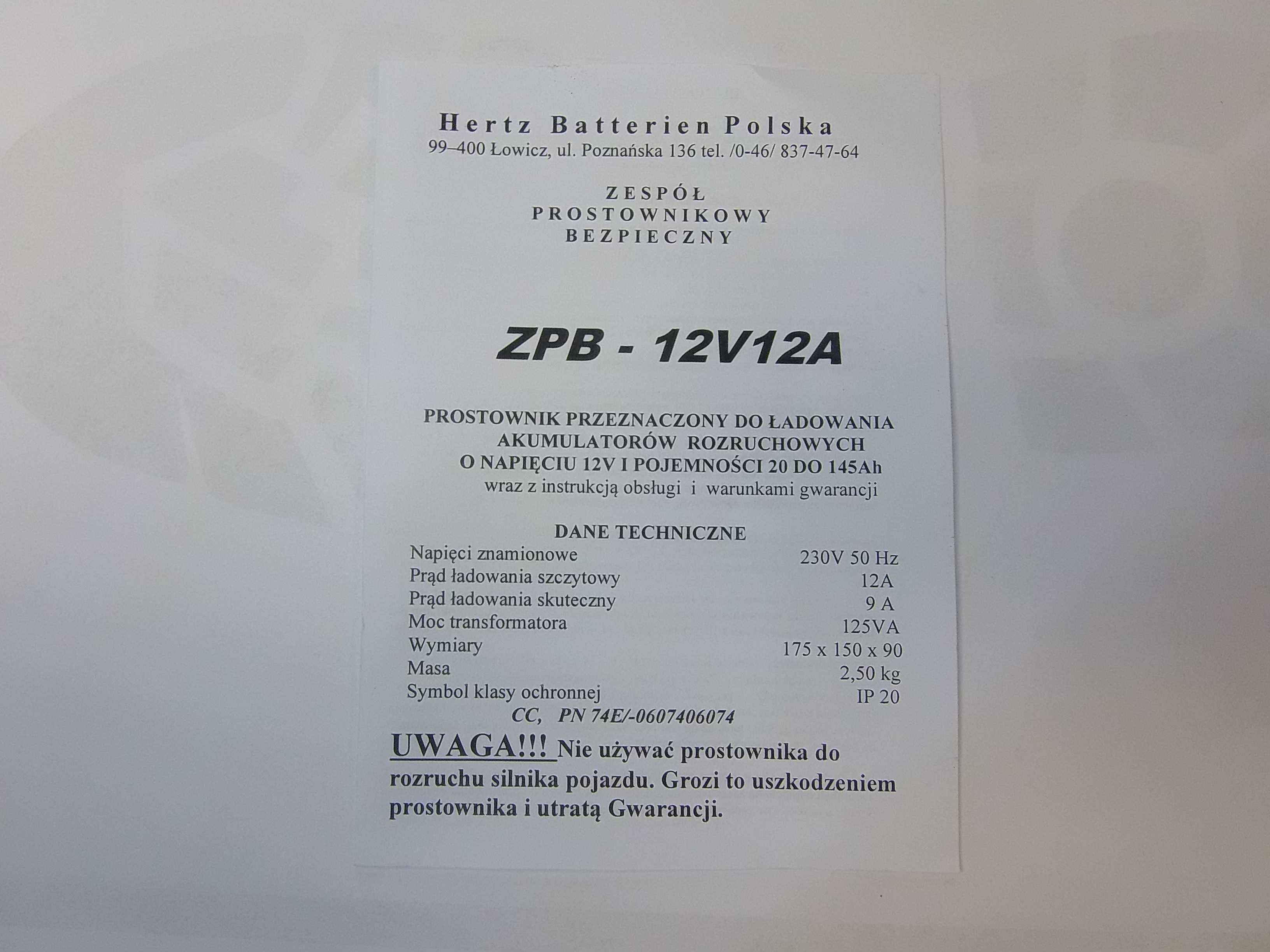 Prostownik Samochodowy HERTZ 12V 12A PRODUKT POLSKI Wysoka Jakość !!!