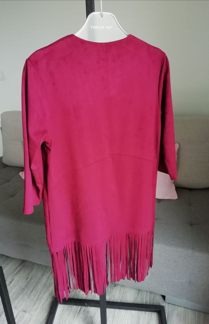 Bordowa narzutka blezer z frędzlami boho burgund zamsz imitacja