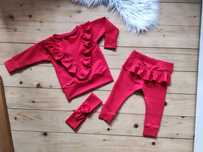 Czerwony komplet dres handmade falbanki opaska zestaw