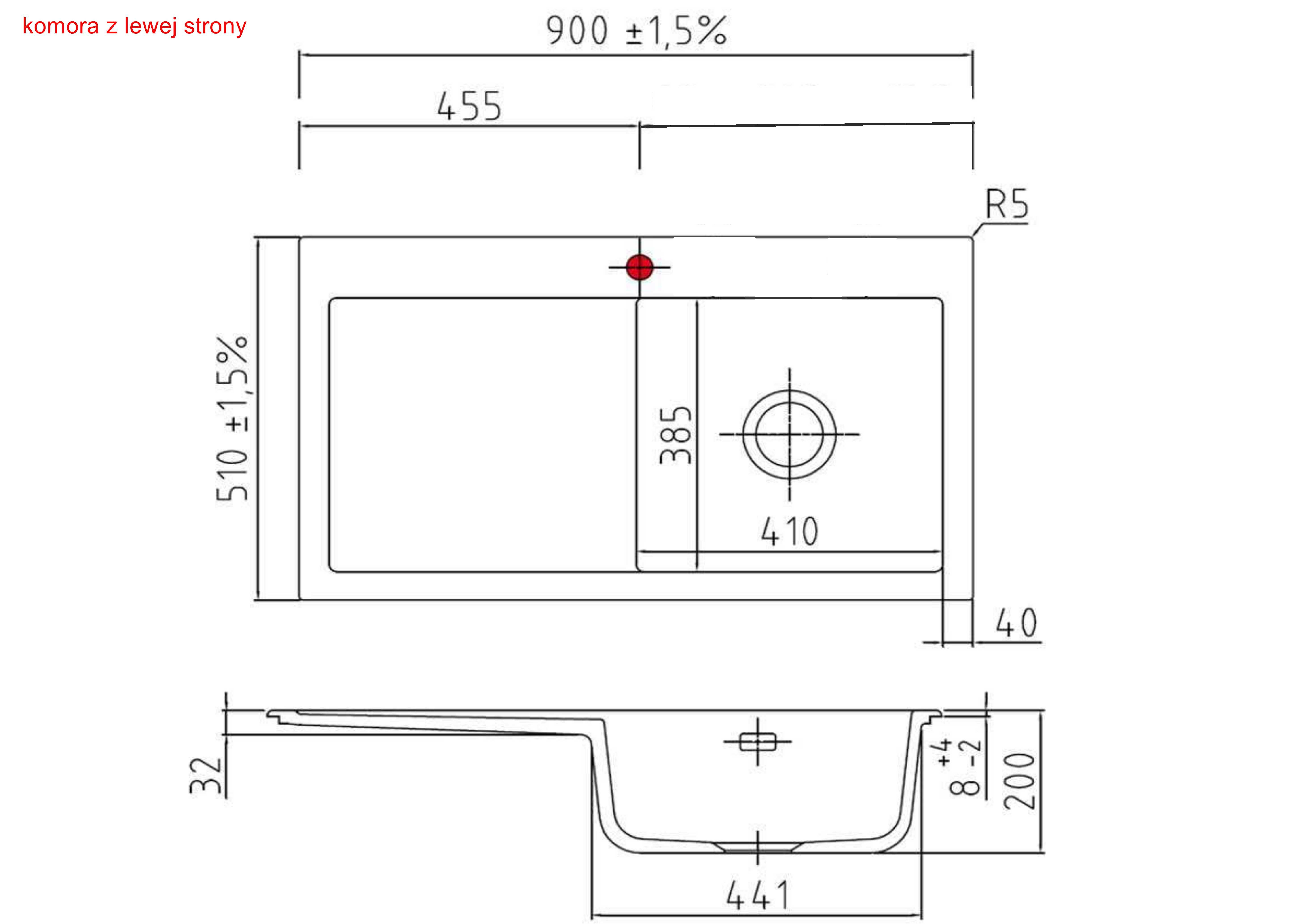 Mera 90 Systemceram zlew ceramiczny 510x900 lewy, Nero 68