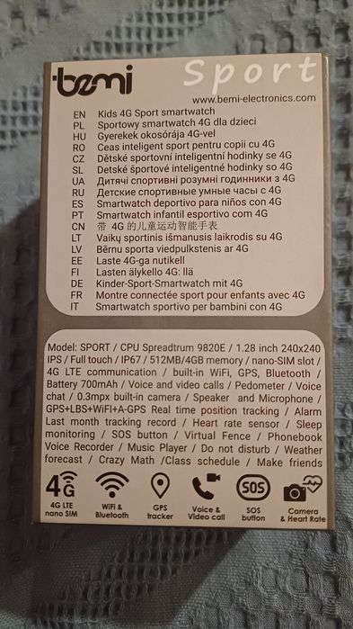Zegarek smartwatch Bemi Sport 4G/LTE + GPS + SIM, pudełko