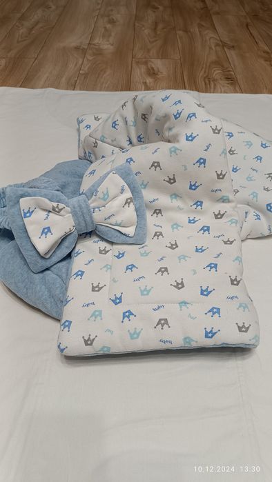 Ковдра з бантом на виписку з пологового, конверт демісезонний блакитни