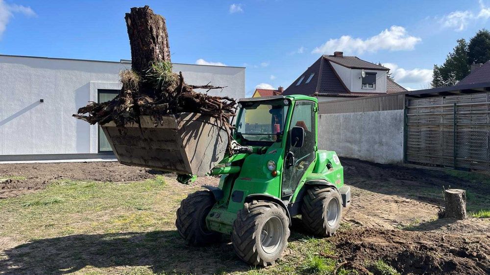 Karczowanie terenu Wyrywnie korzeni Koszenie nieużytkówUsługi rębakiem
