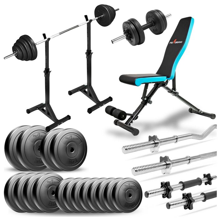 Zestaw z ławką regulowaną 88kg gryfy hantle obciążenia siłownia domowa