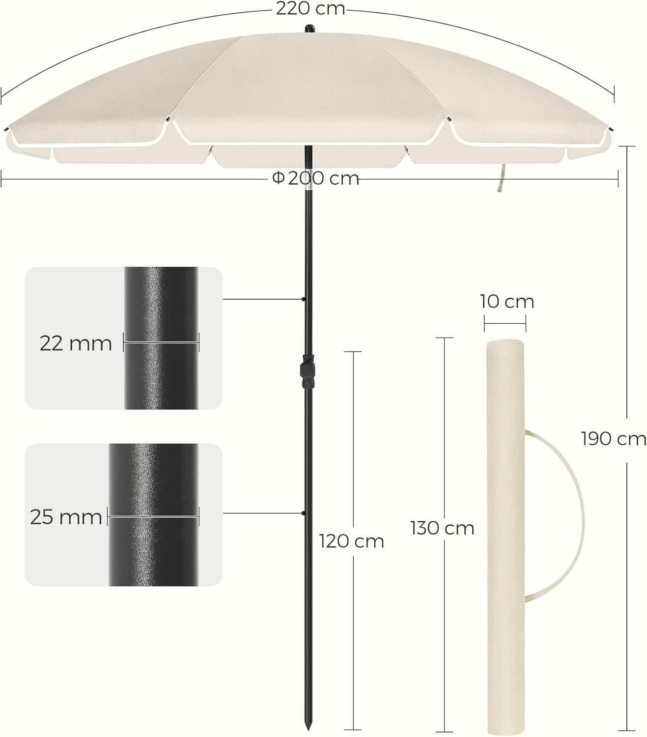 parasol plażowy, Ø 200 cm, ogrodowy, ochrona UV do UPF 50+, składany
