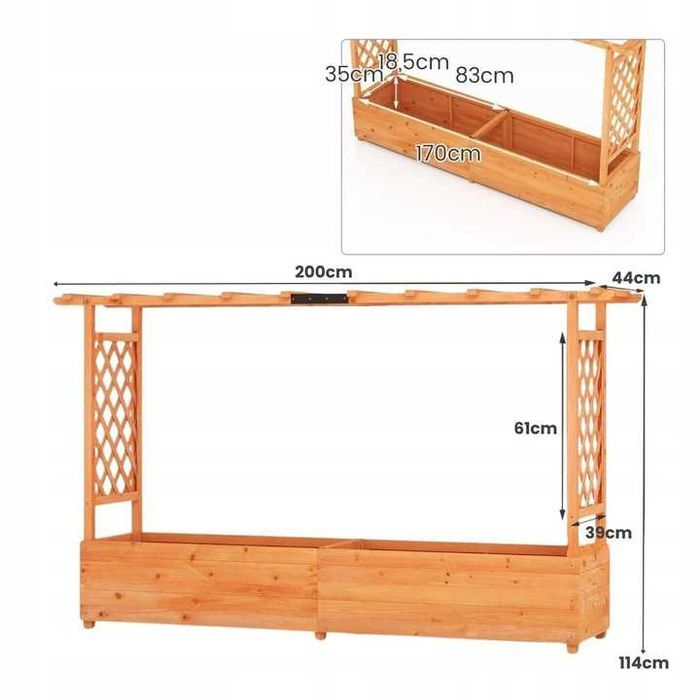 Drewniana  donica z pergolą, wiszącym dachem i podporą do pnączy. 060