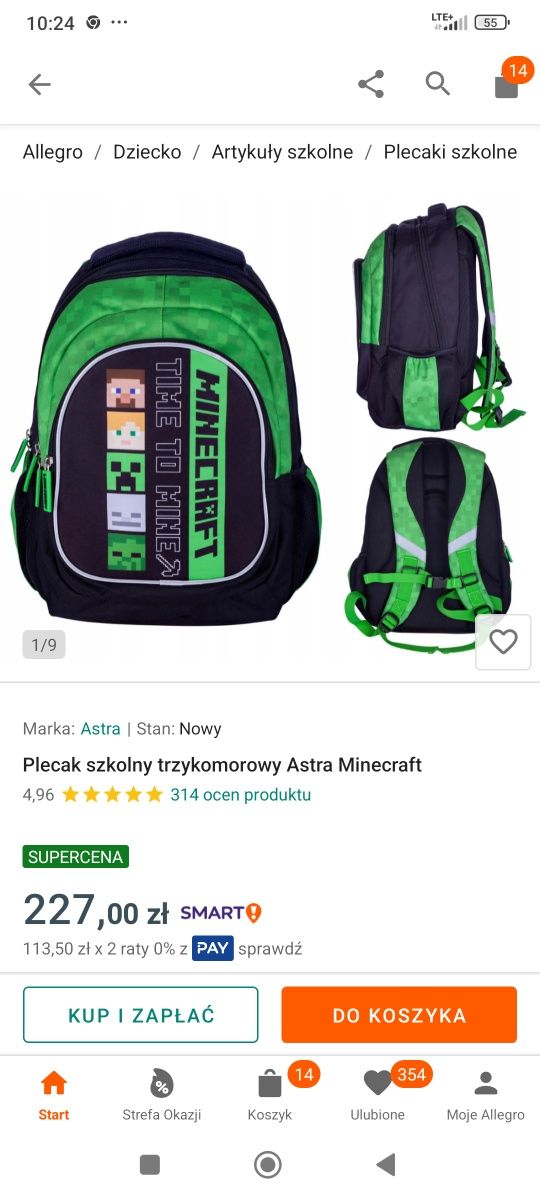 Plecak Minecraft Używany 1sezon stan bardzo dobry