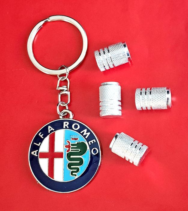 ** NOWY Breloczek ALFA ROMEO + Nakrętki na wentyle srebrne tuning