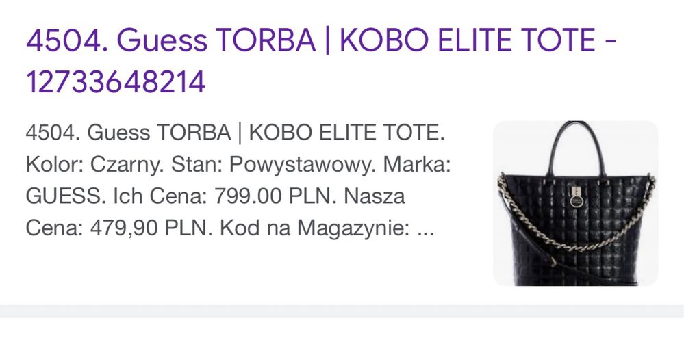 Torba torebka Guess oryginalna Kobo Elite Tote czarna