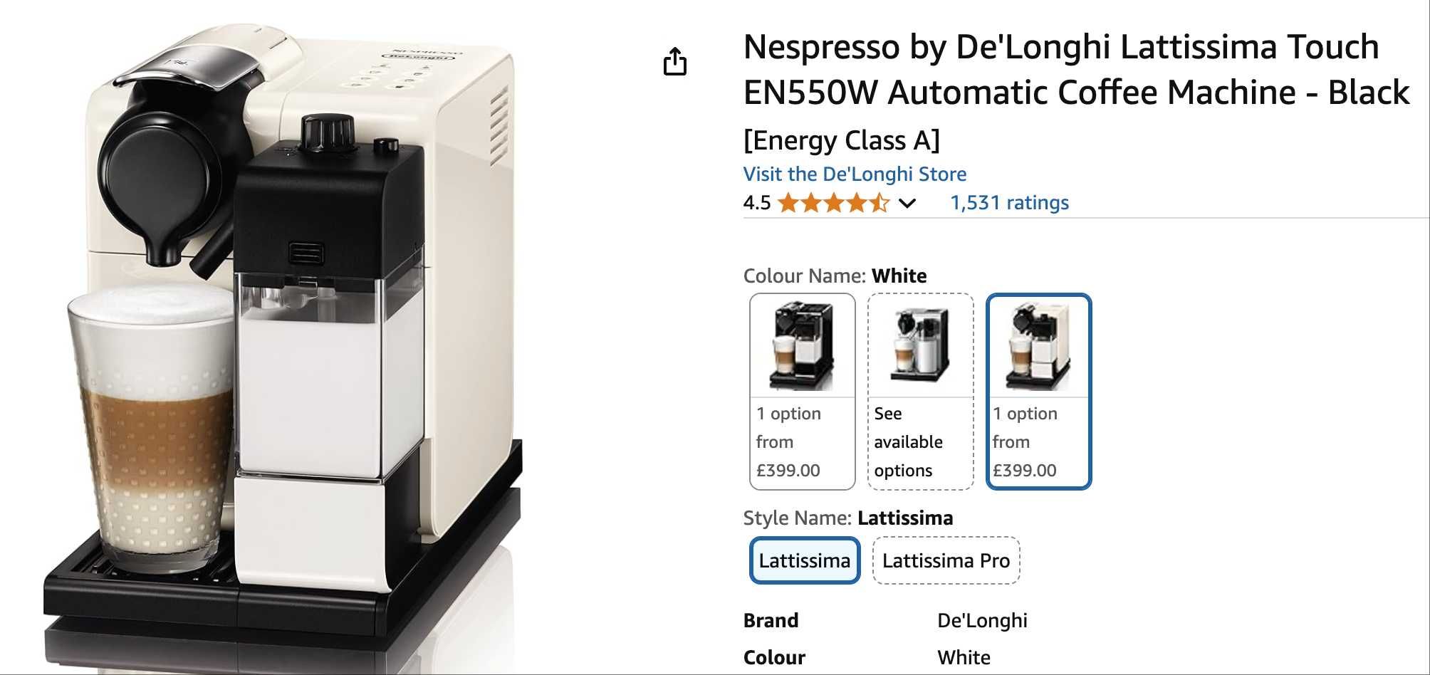 Máquina de café DeLonghi Nespresso Lattissima EN550.W White