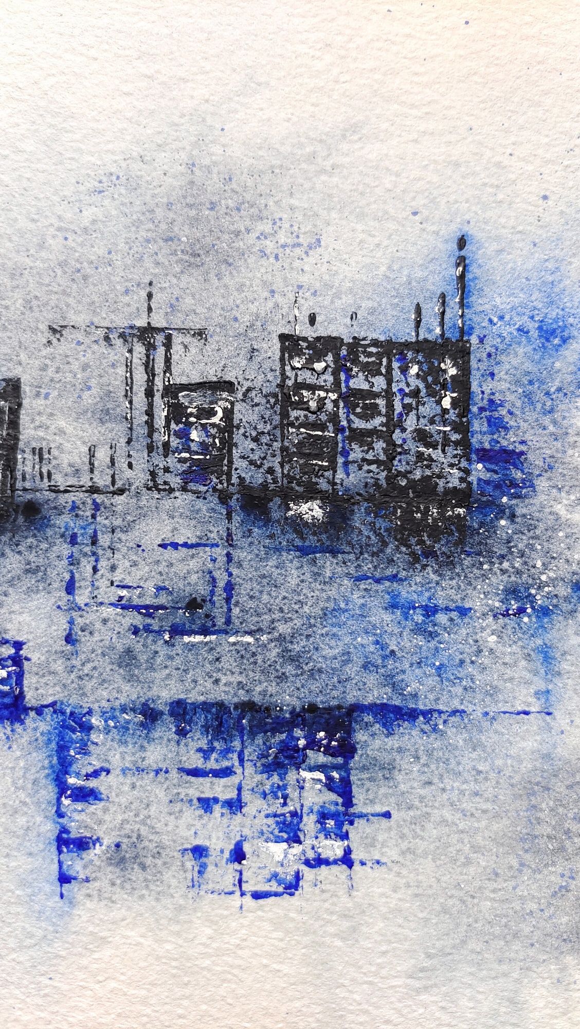 Niebieska abstrakcja miasto akwarela obraz ręcznie malowany A4