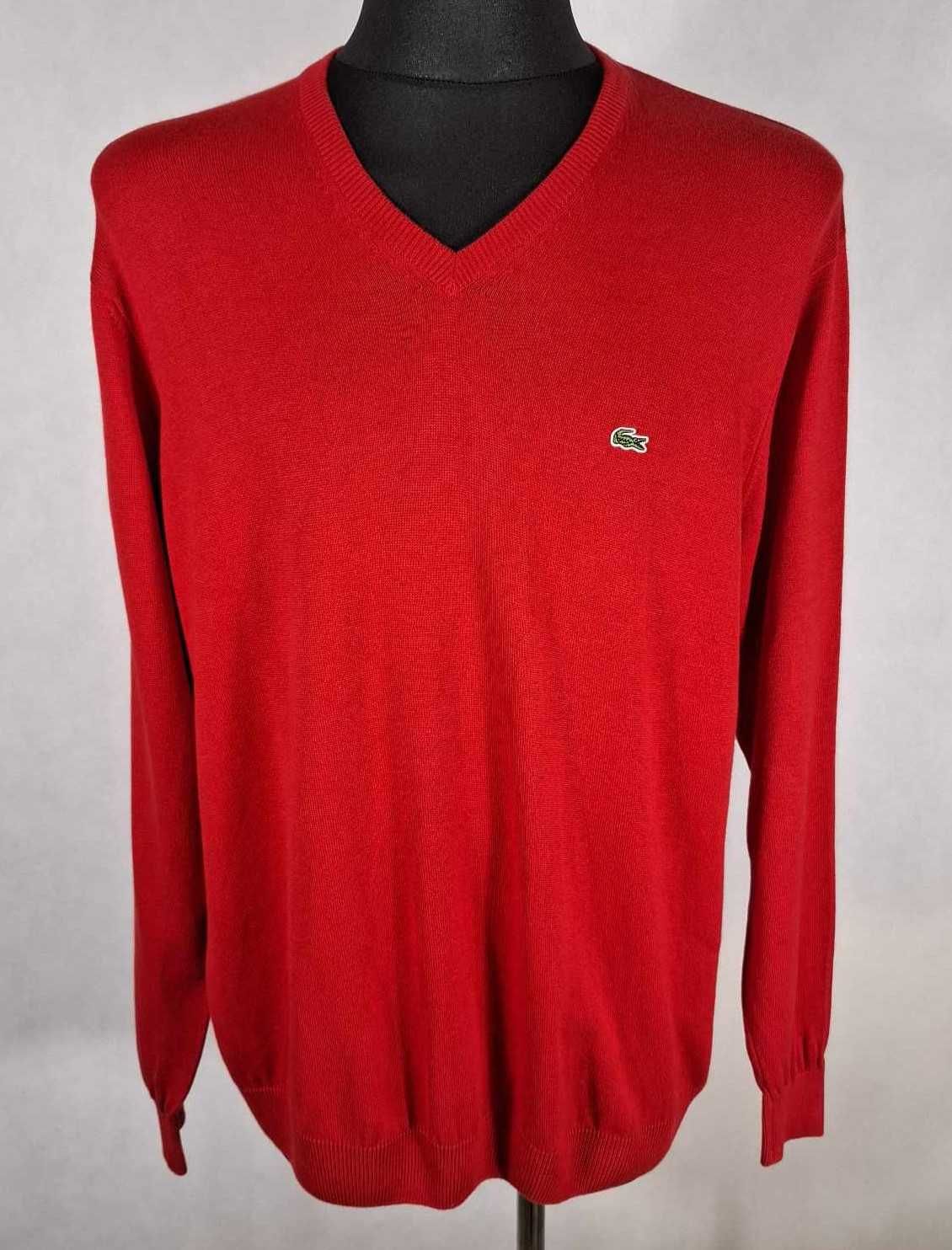 LACOSTE V-neck Sweter Męski Czerwony 7 XL Bawełna 100% Super Stan