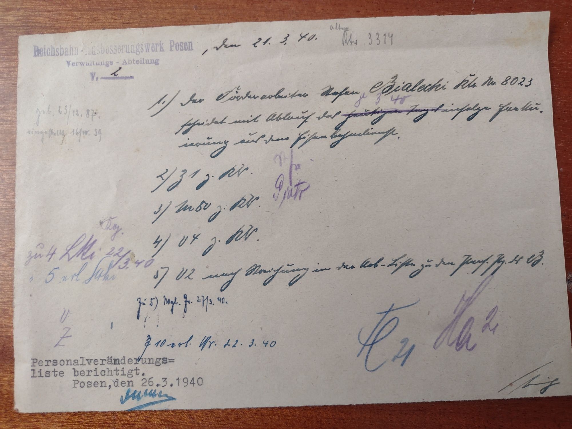 PKP Dokument Posen 1940 wojna/okupacja
