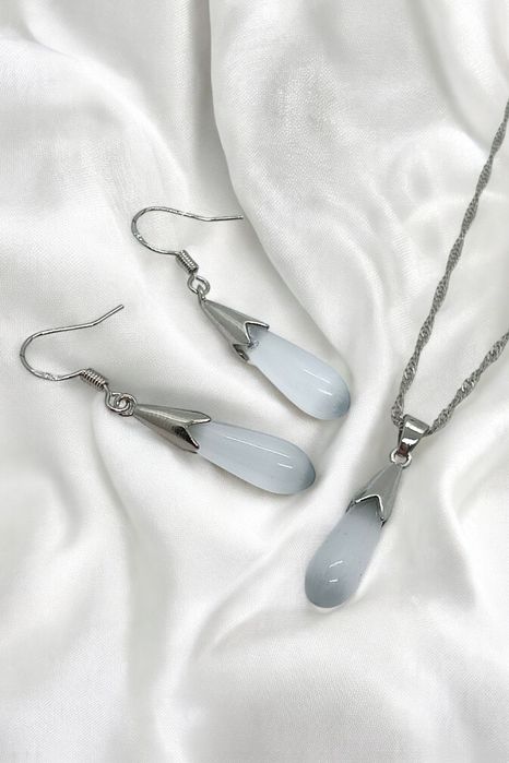 Komplet Zestaw Bizuteria Srebrny Kolor Posrebrzany Mleczny Sopelek