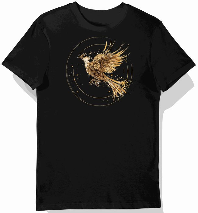 Koszulka męska czarna z nadrukiem mechanicznych ptaków w złocie M