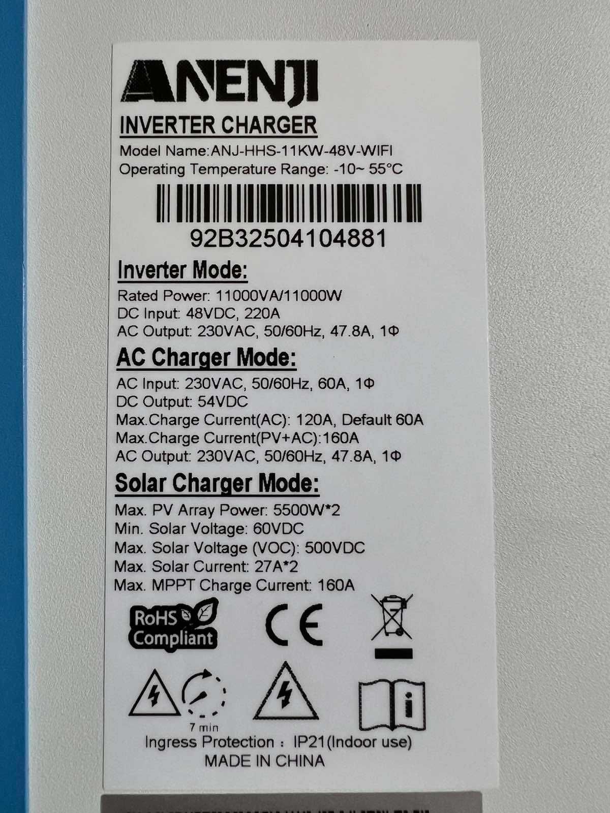 Гібридний сонячний інвертор Anenji 11KW 48V WIFI 160А