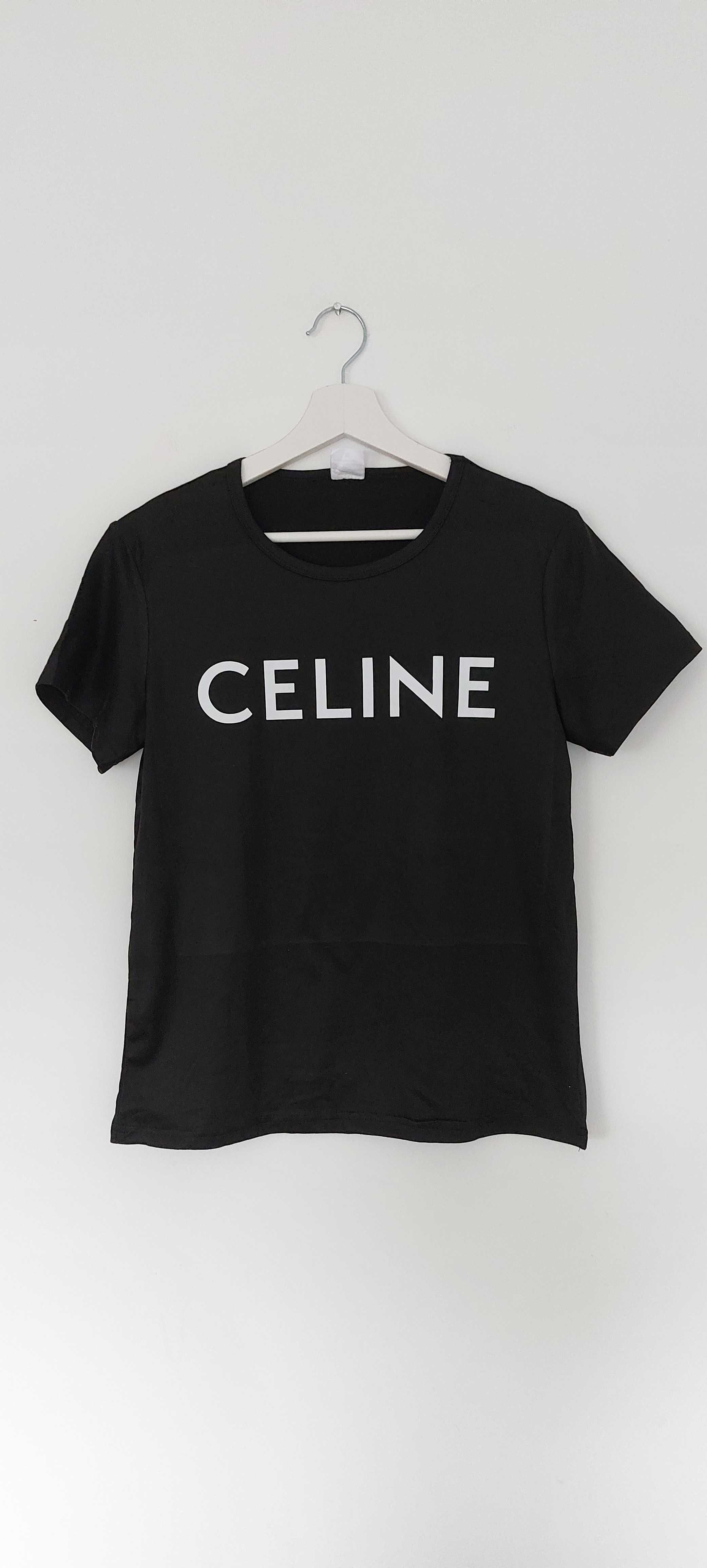 T-shirt Celine preta com logo branco.