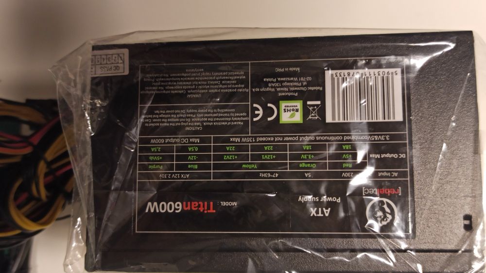 Zasilacz rebeltec titan Black 600w 12cm fan pfc nowy