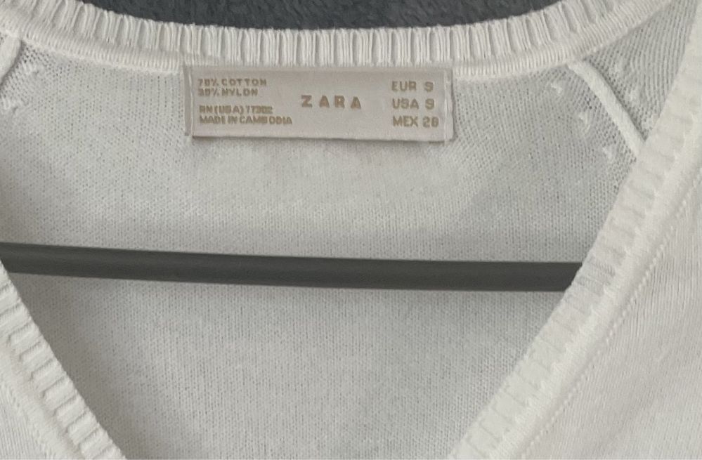 Zara biały sweter damski cienki w szpic długi rękaw, bawełna Xs / S